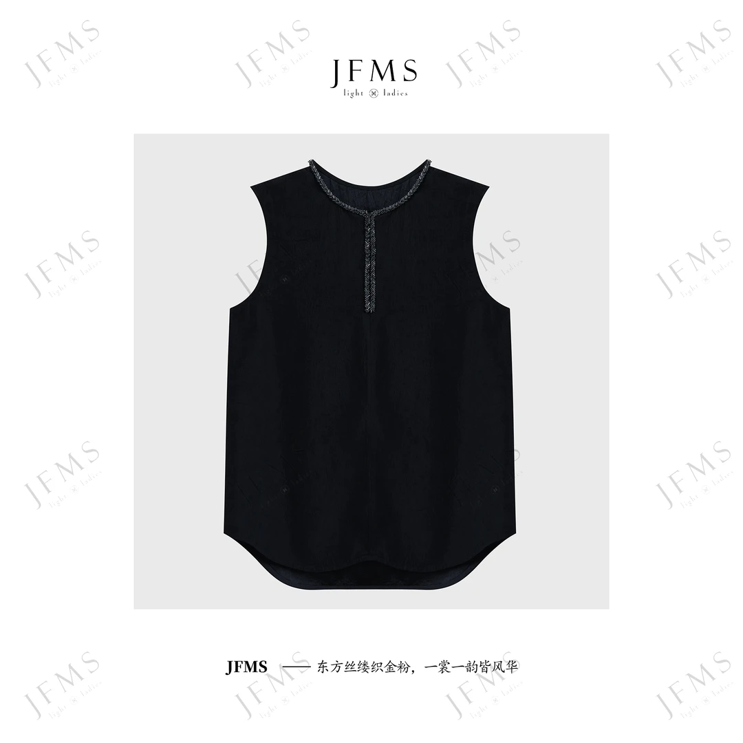 JFMS100%醋酸凉感无袖钉珠纯色上衣设计师气质款打底蓝色夏季S883