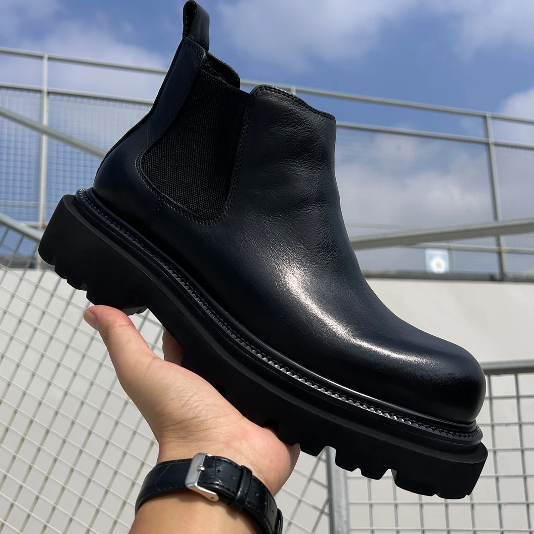欧货潮流时尚小圆头男士高帮皮鞋厚底英伦风头层牛皮切尔西短靴