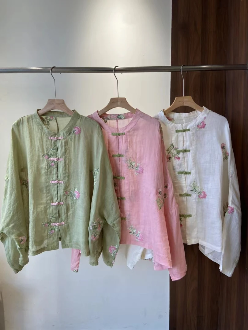 苎麻刺绣盘扣禅意长袖开衫外套