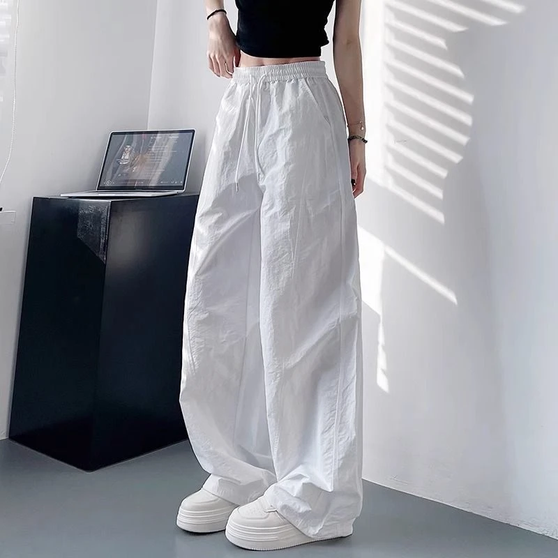 白色不透速干阔腿裤女夏季轻薄显瘦遮肉高腰褶皱运动工装裤