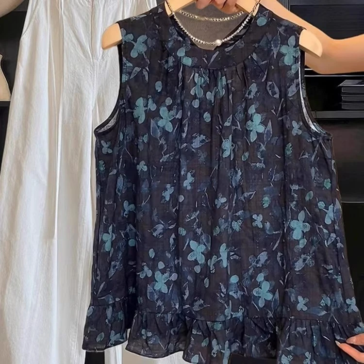 夏季新款高级感碎花无袖背心上衣女设计感大码小众洋气胖mm衬衫