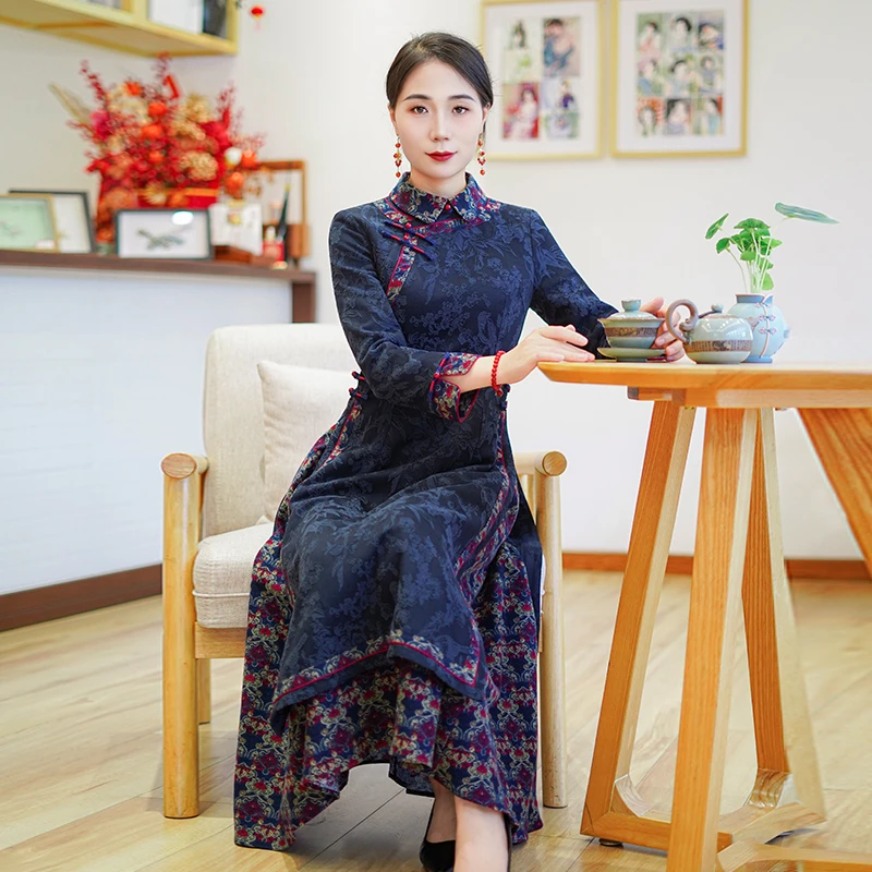 如意风秋季新款高级收腰显瘦中国风奥黛改良旗袍气质连衣裙26R001