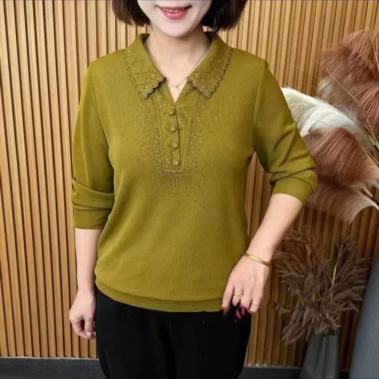 春季新款时尚花边翻领烫钻显瘦百搭洋气妈妈装长袖上衣减龄打底衫