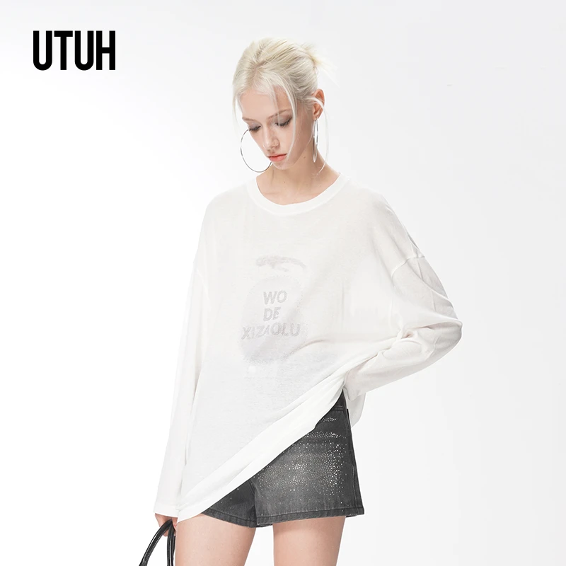 UTUH 白色简约气质时尚经典圆领宽松长袖T恤25春夏新款TDWWS2T076