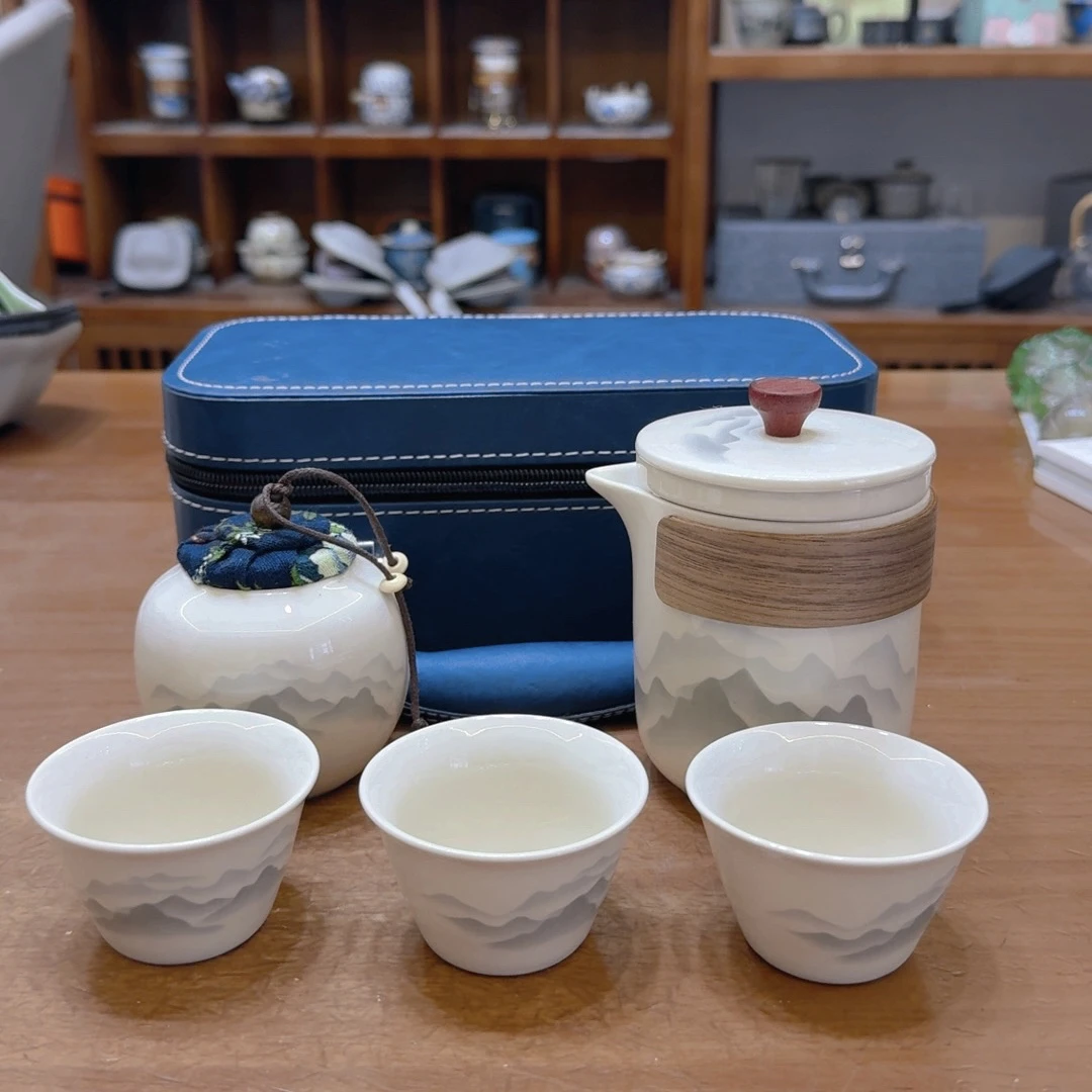A76 旅行茶具套装水墨江山快客三杯袋茶叶罐带蓝色椭圆包