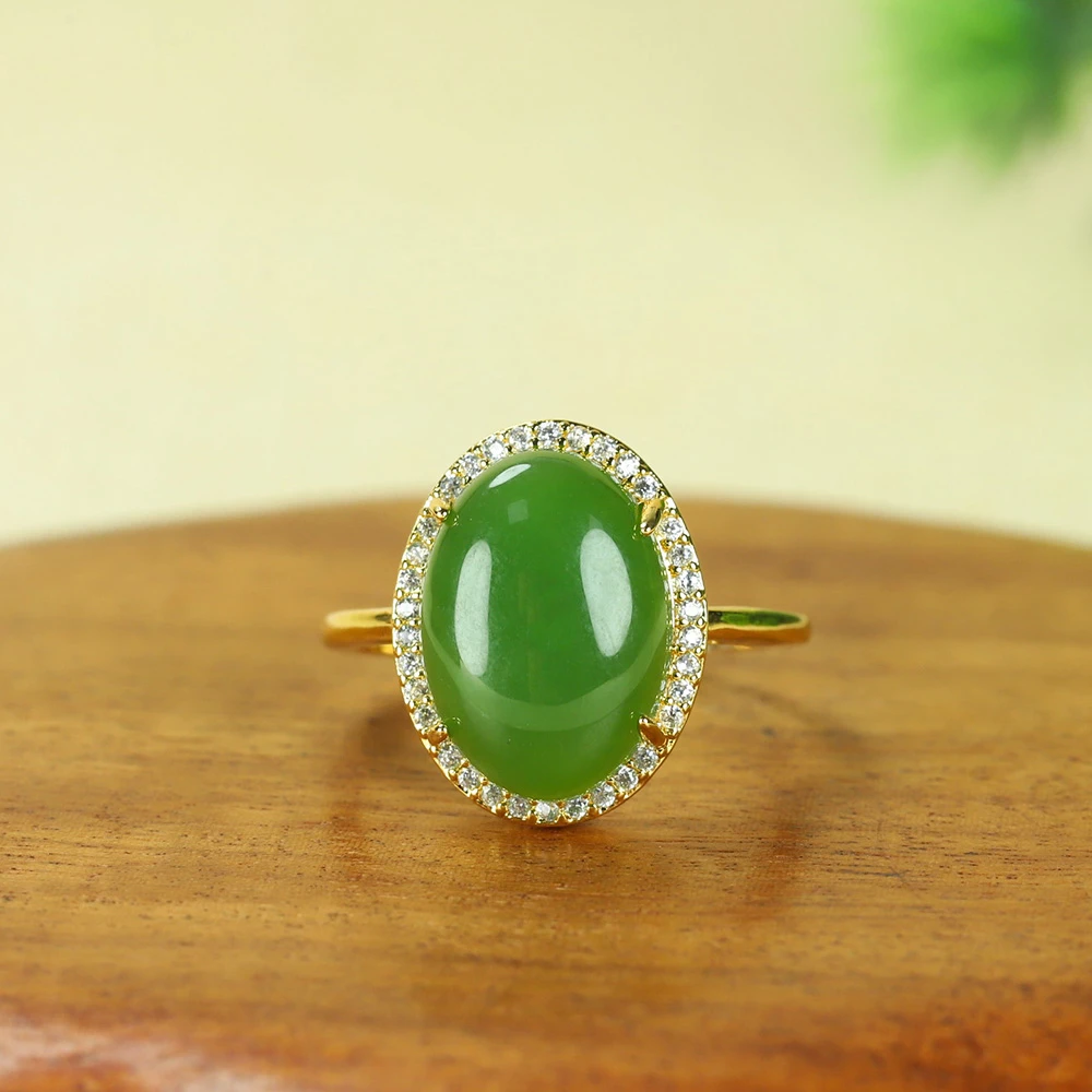 （三宝妈专属）天然和田玉碧玉阳绿S925银开口戒大截面女款正品天然