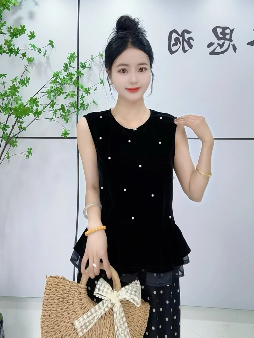 欧洲站重工钉珠网纱拼接无袖衬衫上衣女夏休闲宽松百搭背心小衫潮