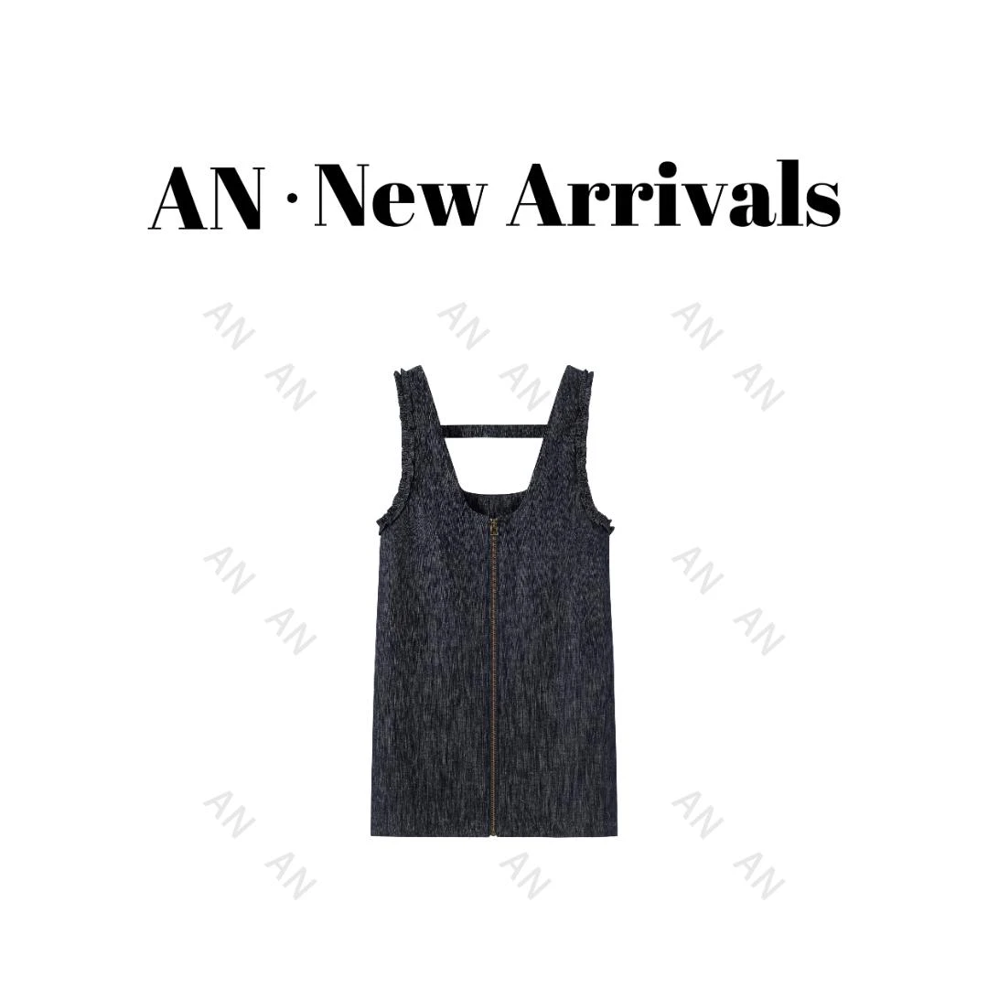 C04191夏季新款休闲减龄小个子拉链木耳边牛仔背心裙