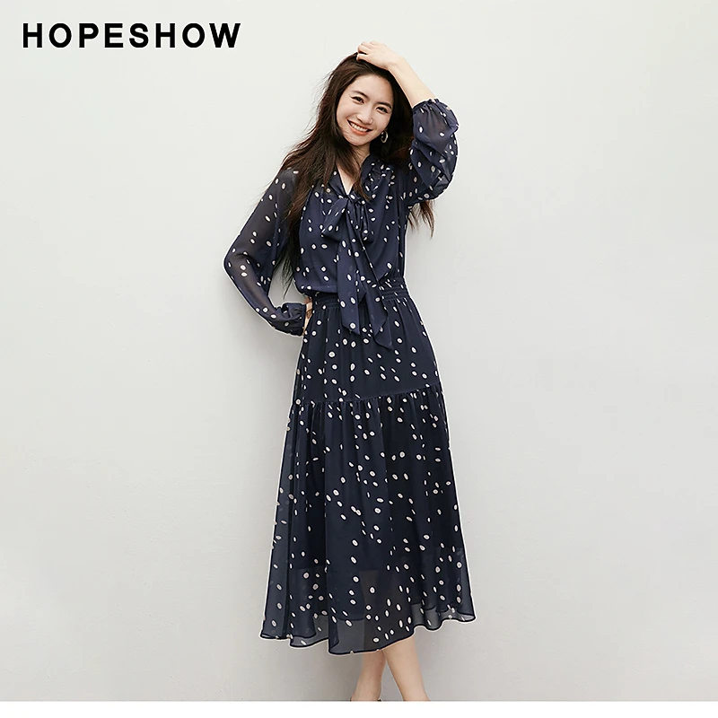 红袖2025春季新款女装爆款松紧收腰飘带领雪纺连衣裙90125061601