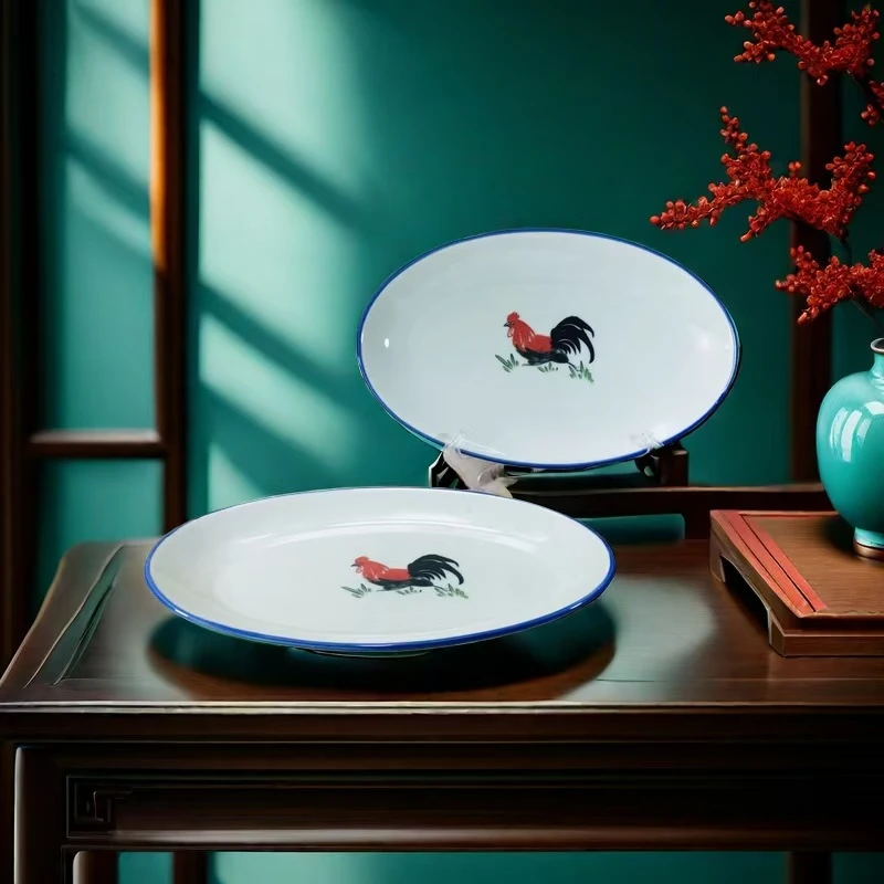 复古釉下彩陶瓷盘椭圆饭盘公鸡菜盘鱼盘餐碟炒粉盘子蛋形盘沙律盘