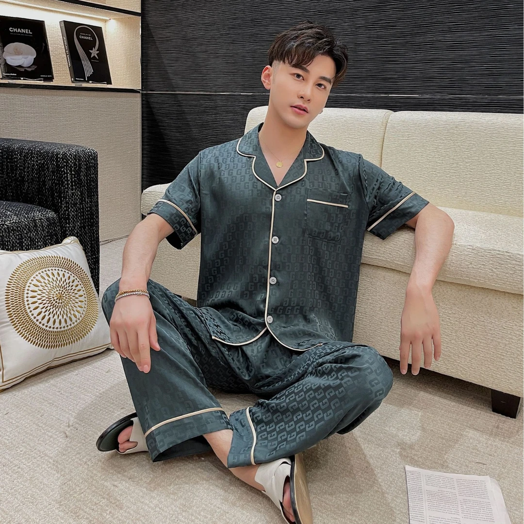 CJQL新款冰丝睡衣男夏季薄款男士短袖短裤男款爸爸仿绸家居服