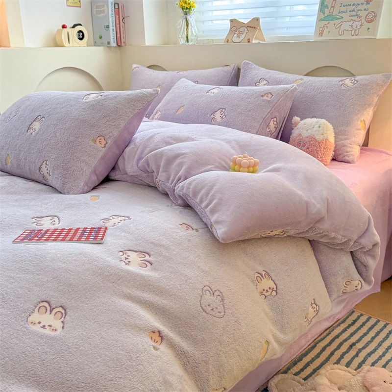 可爱刺绣牛奶绒被套单件150x200x230冬季加厚法兰珊瑚绒面四件套