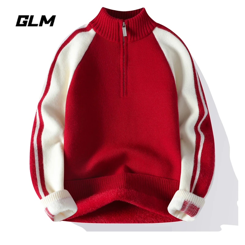 GLM红色半高拉链毛衣男秋冬季潮流百搭条纹撞色一体绒保暖毛线衣