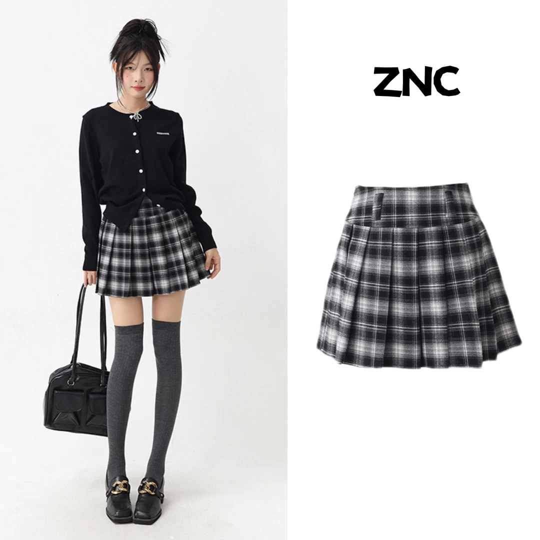哲娜纯高腰学院风百搭显瘦百褶裙2025秋冬新款撞色格子拼接半身裙