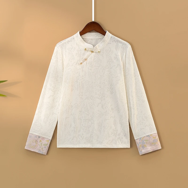 【霜雅】春季2025新款上衣小衫女装新中式国风立领提花气质长袖T恤