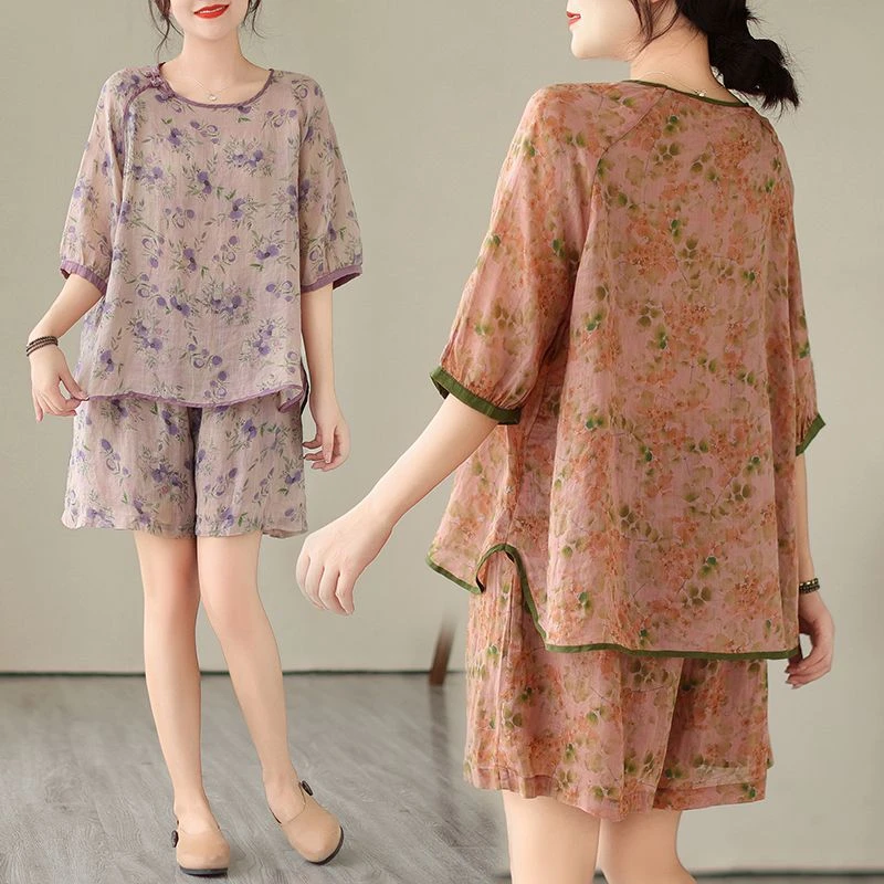 复古洋气圆领时尚套装夏季新款宽松显瘦盘扣中袖上衣短裤女装