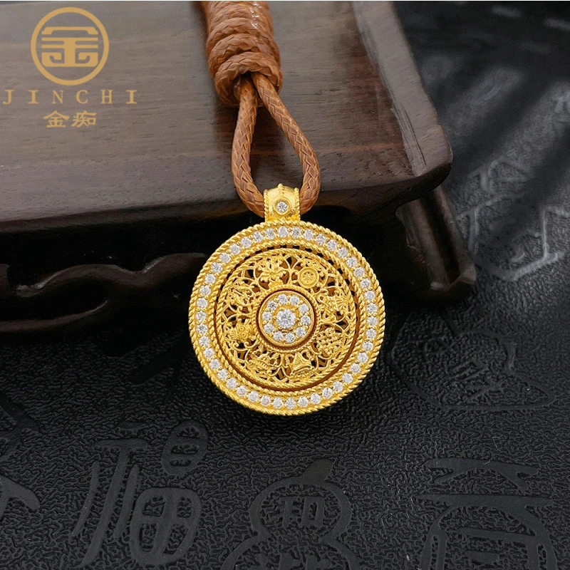 古法八宝罗盘黄金吊坠女 999足金爆闪莫桑钻可转动罗盘项链送女友