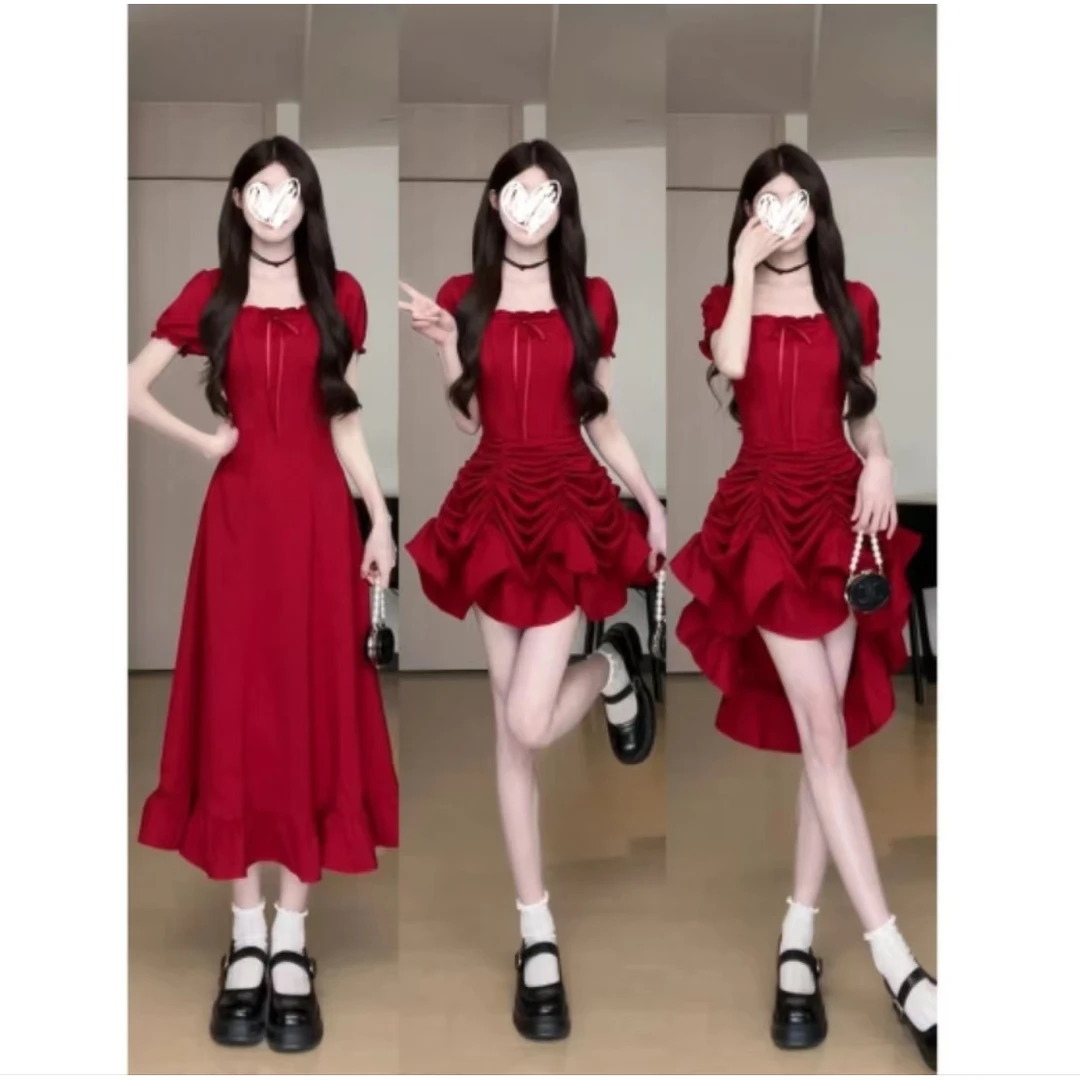 红色方领纯色长裙气质感收腰短款显瘦连衣裙