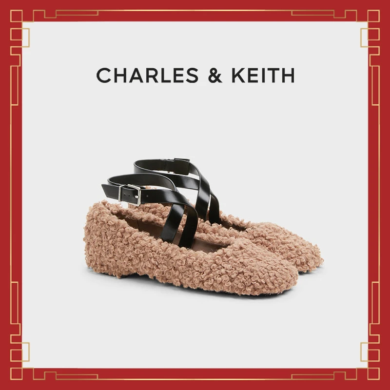 CHARLES & KEITH【商场同款】新款毛绒腕带芭蕾舞鞋70900496-1-D