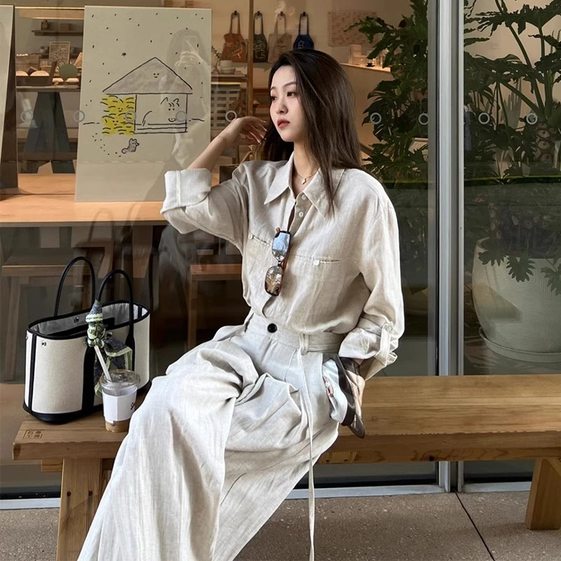 高端老钱风亚麻衬衫套装女夏季新款复古法式穿搭棉麻阔腿裤两件套