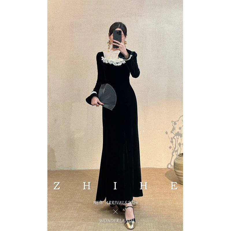 无艳一禾【奥黛丽】墨绿色 法式浪漫丝绒拼蕾丝鱼尾连衣裙