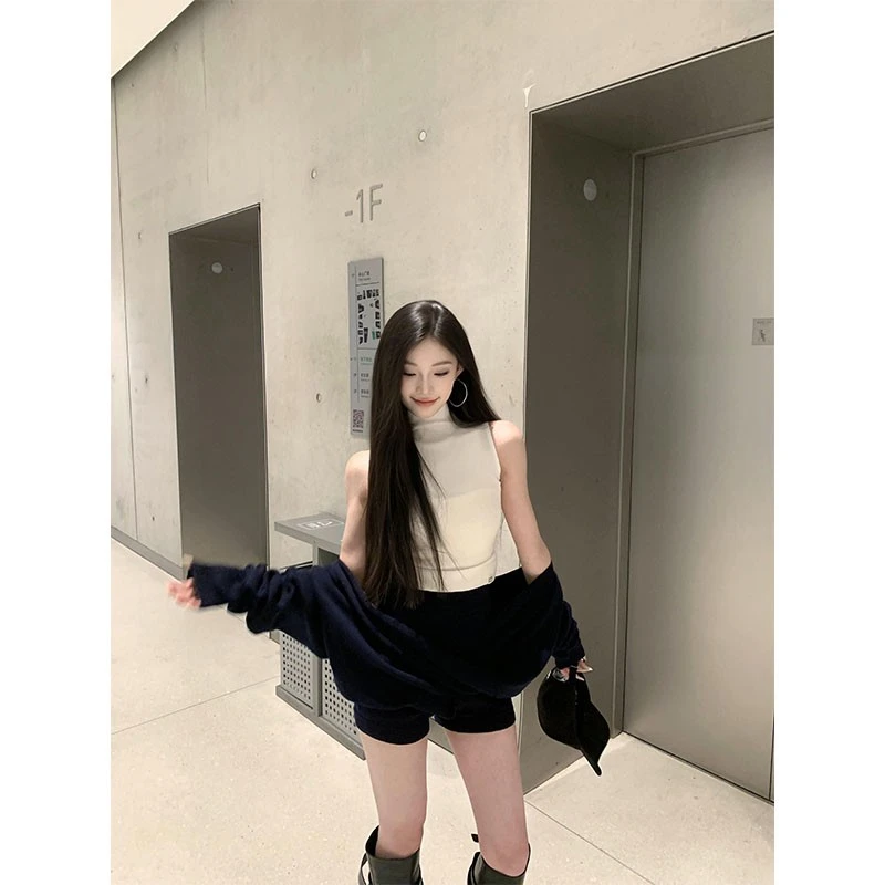 慵懒松弛感针织毛衣宽松显瘦针织衫高领背心休闲显瘦百搭短裤套装