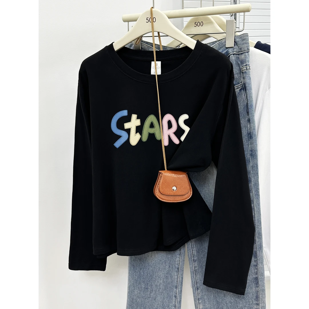 圆领长袖t恤女2025秋季新款韩版字母印花打底衫胖mm大码正肩上衣