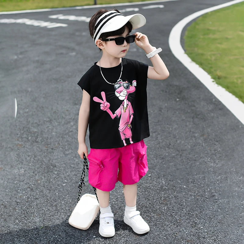 男童夏装套装25新款痞帅儿童短袖粉红豹衣服网红宝宝夏季无袖背心