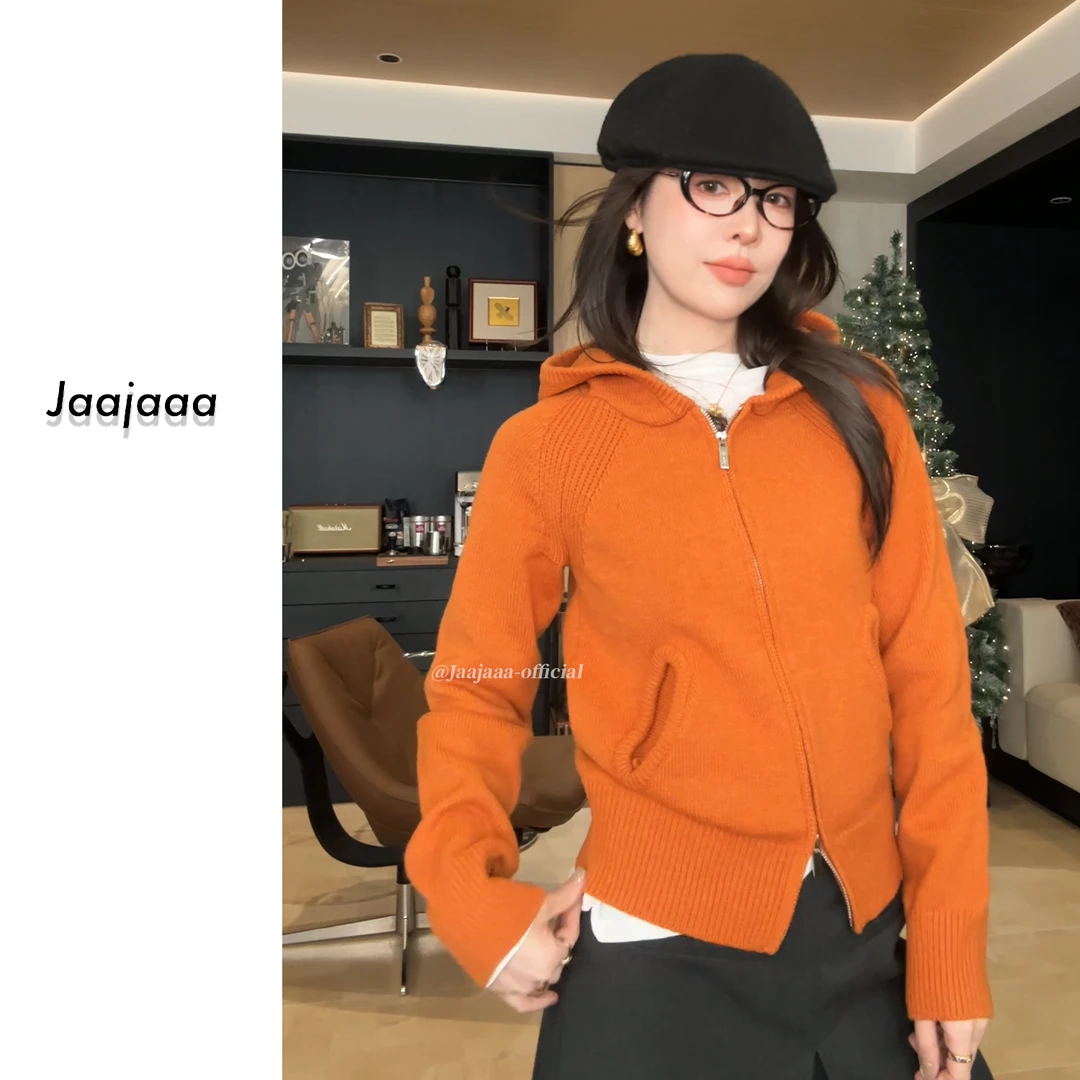 Jaajaaa圣阳斜影  冬季小众百搭简约时尚气质连帽针织开衫/ADD