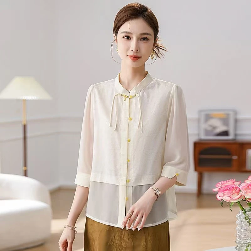 女士国风七分袖提花拼接衬衫春夏新款时尚百搭显瘦1542