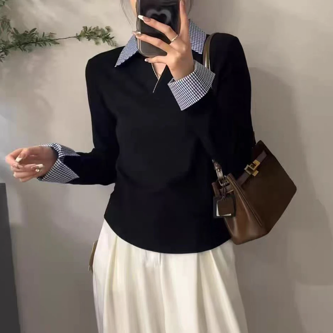 【春季新款】经典格子拼接撞色设计感百搭衬衣领小衫CC5552 衣长55
