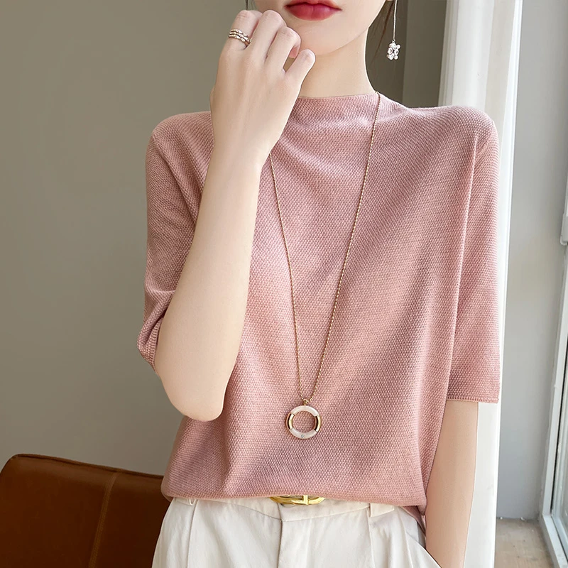 夏季桑蚕丝新款圆领针织短袖女士五分袖时尚薄款气质纯色显瘦上衣