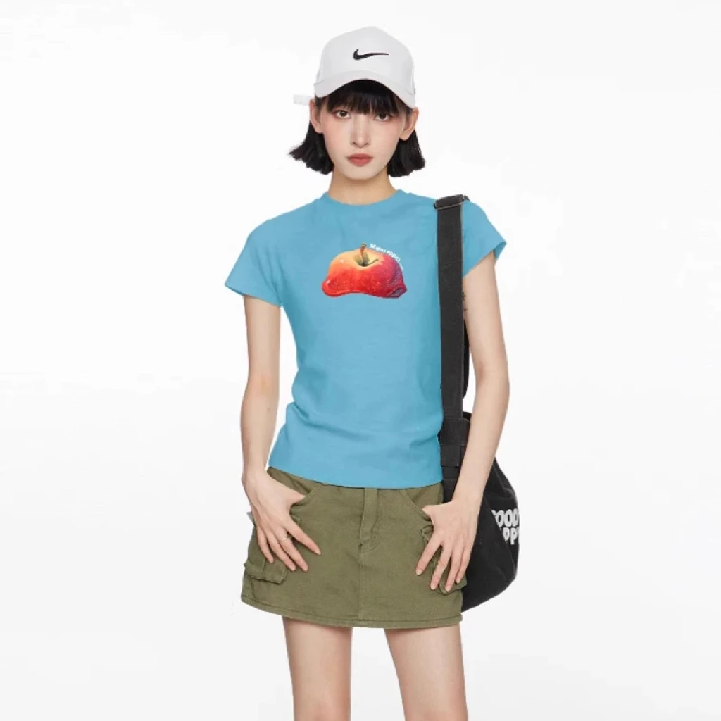 美式蓝色印花正肩短袖t恤女夏季半袖紧身显瘦短款上衣2025新款