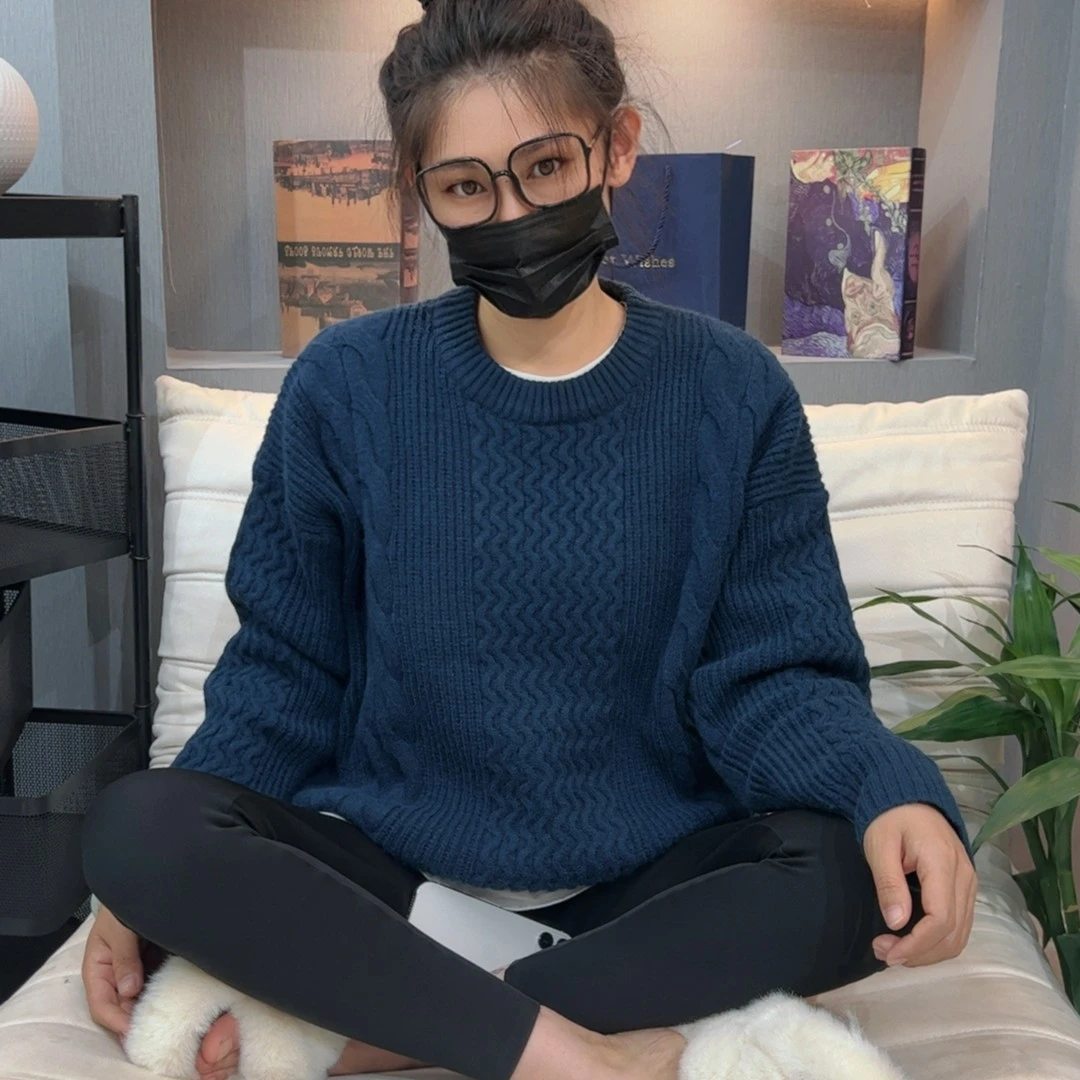 5003-9-1秋冬蓝色休闲保暖提花毛衣慵懒复古套头宽松女士针织衫