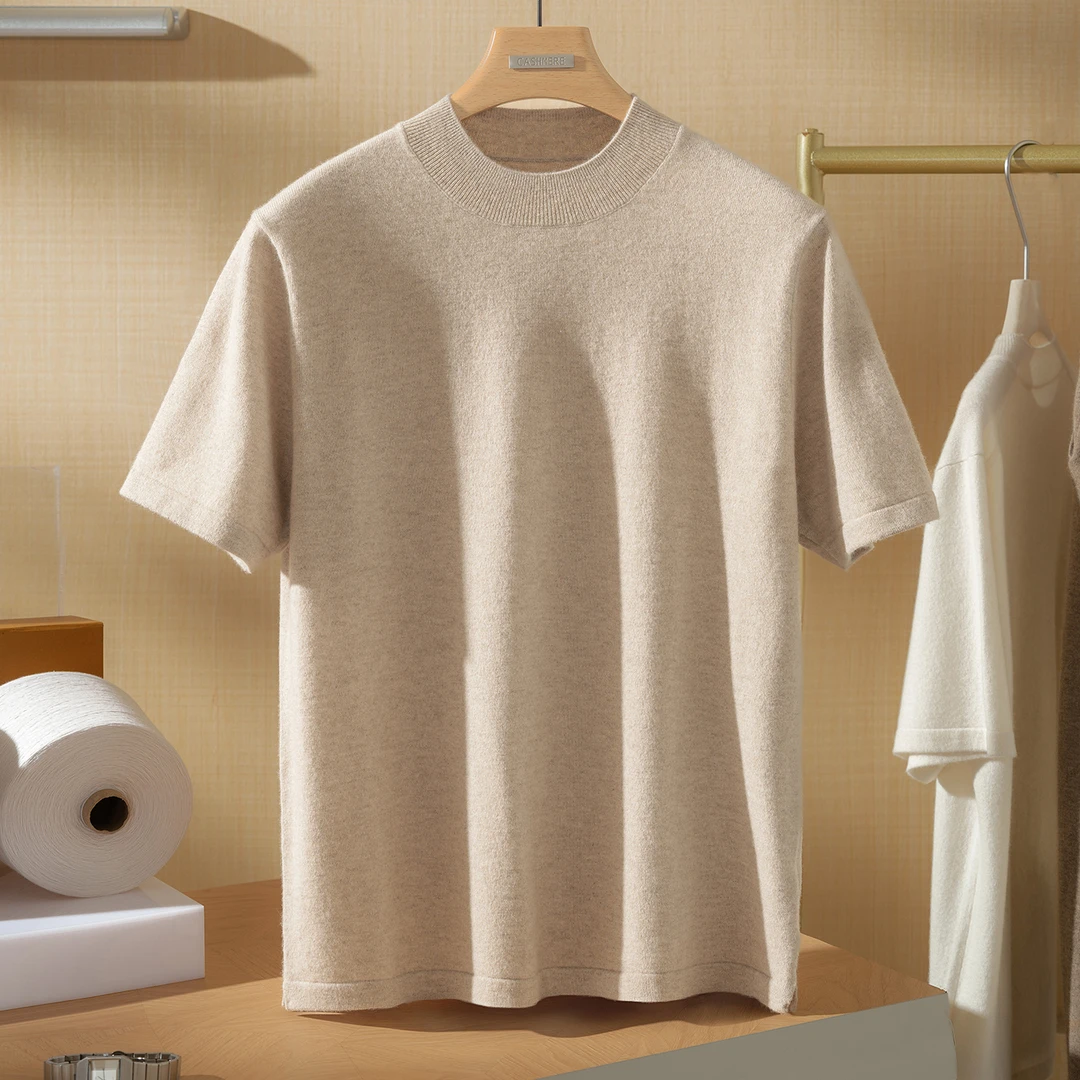 男士秋冬新款100%纯山羊绒14针半高领加厚套头针织短袖百搭休闲