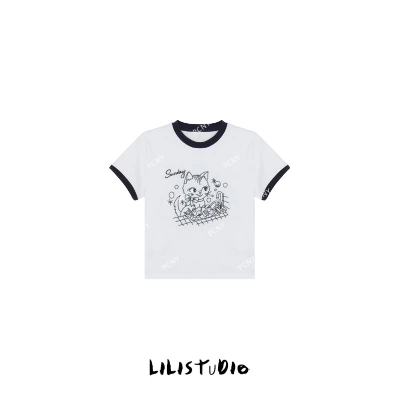 「俏皮猫咪」不理理夏季新款小众女装卡通印花圆领短袖女t恤