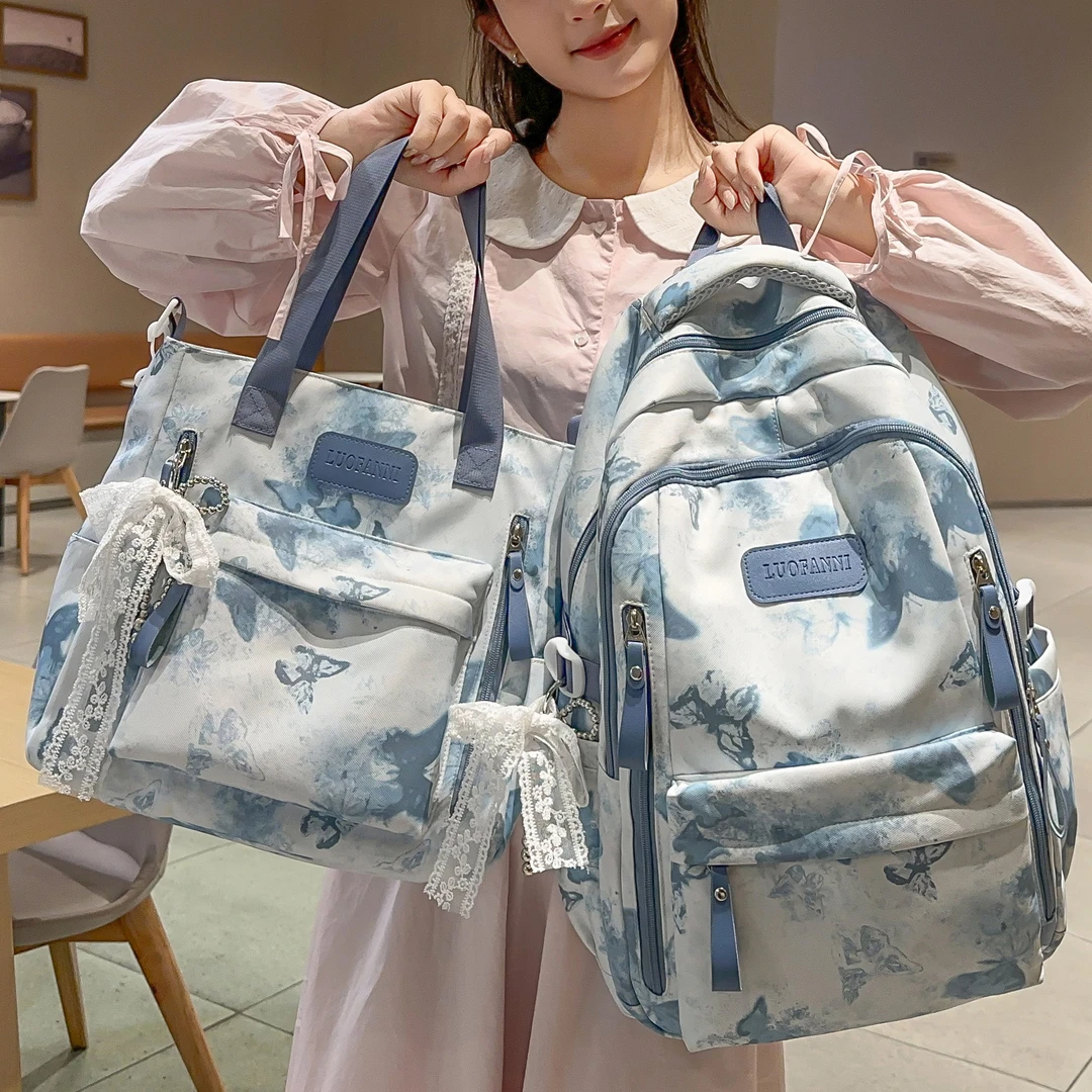 高颜值书包女中国风扎染蝴蝶印花百搭双肩包初中高中生上课背包女