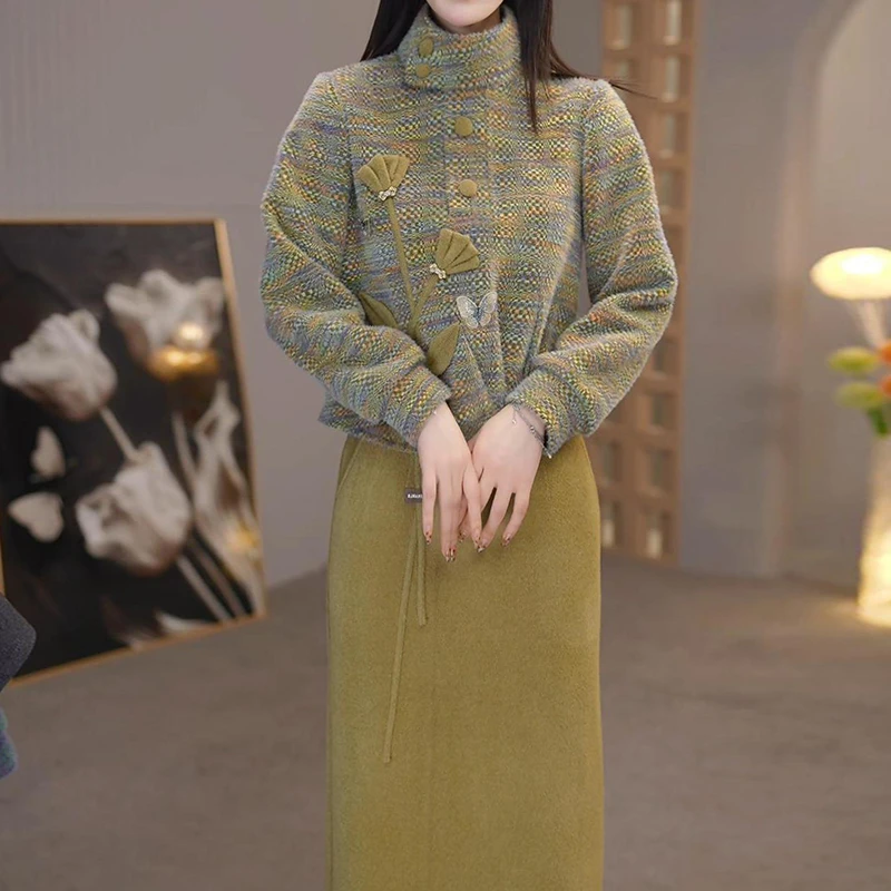 【半身裙+上衣】A1082抹茶绿色套装优雅气质时尚减龄显瘦秋冬设计感