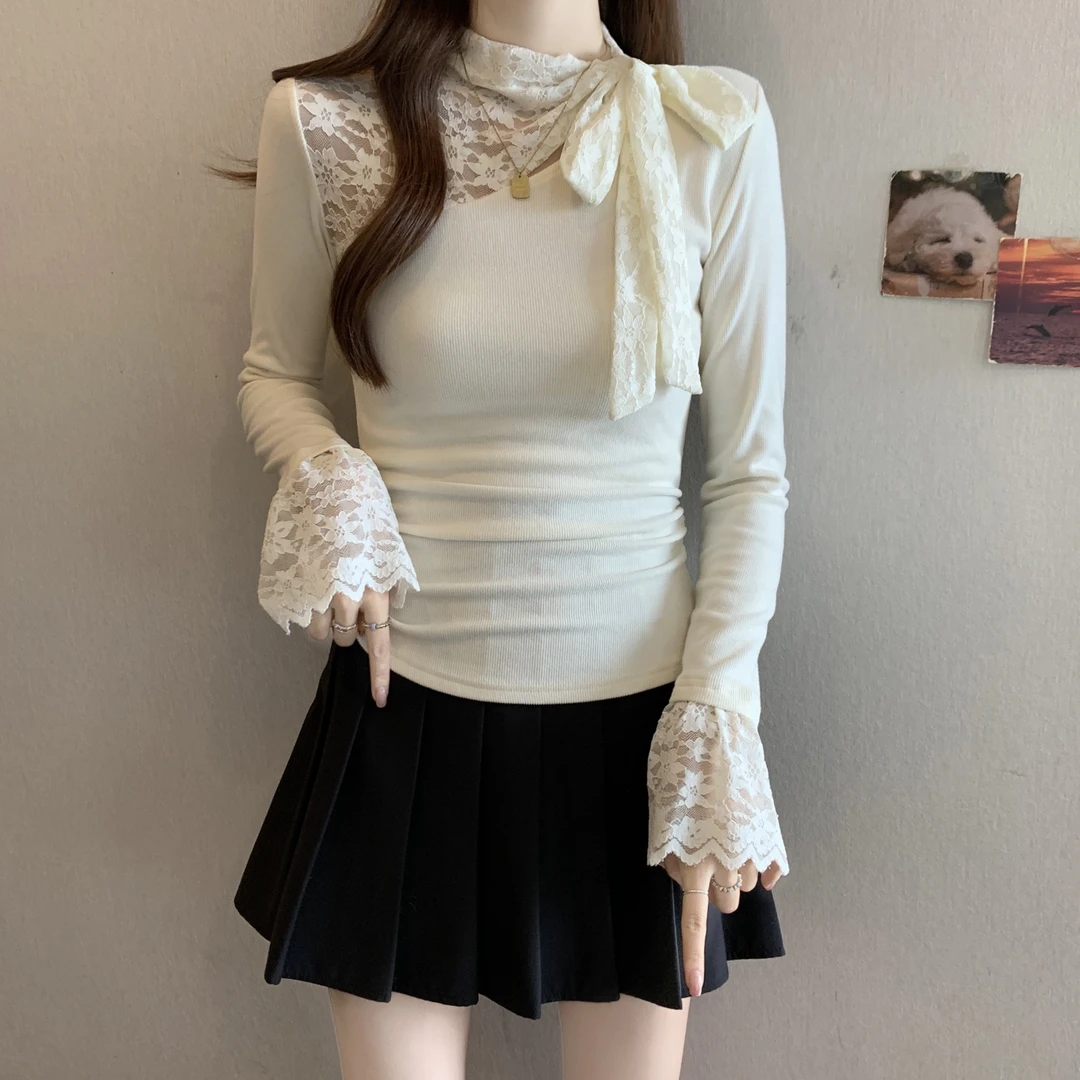 大码女装高级感蕾丝蝴蝶结系带长袖t桖女胖MM修身打底衫内搭上衣