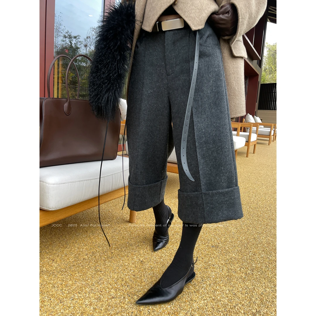 JCCC影子【十三分】深花灰老钱风绵羊毛毛呢卷边八分阔腿西装裤