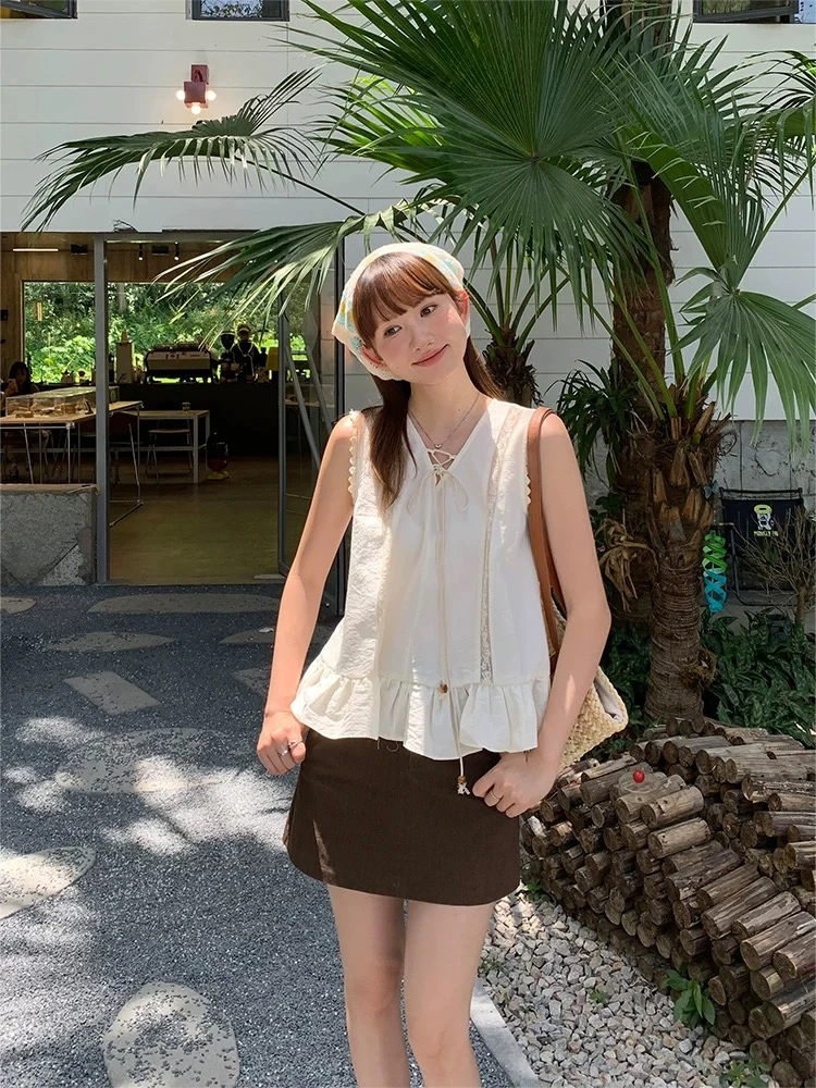 【现货001-070编号】2025新款镂空蕾丝无袖上衣绑带背心小衫夏季