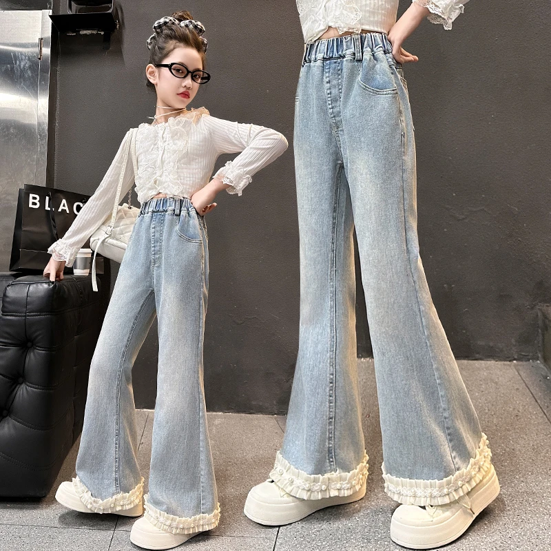 女童裤子牛仔喇叭裤春秋装2025新款中大童洋气网红微喇裤弹力长裤