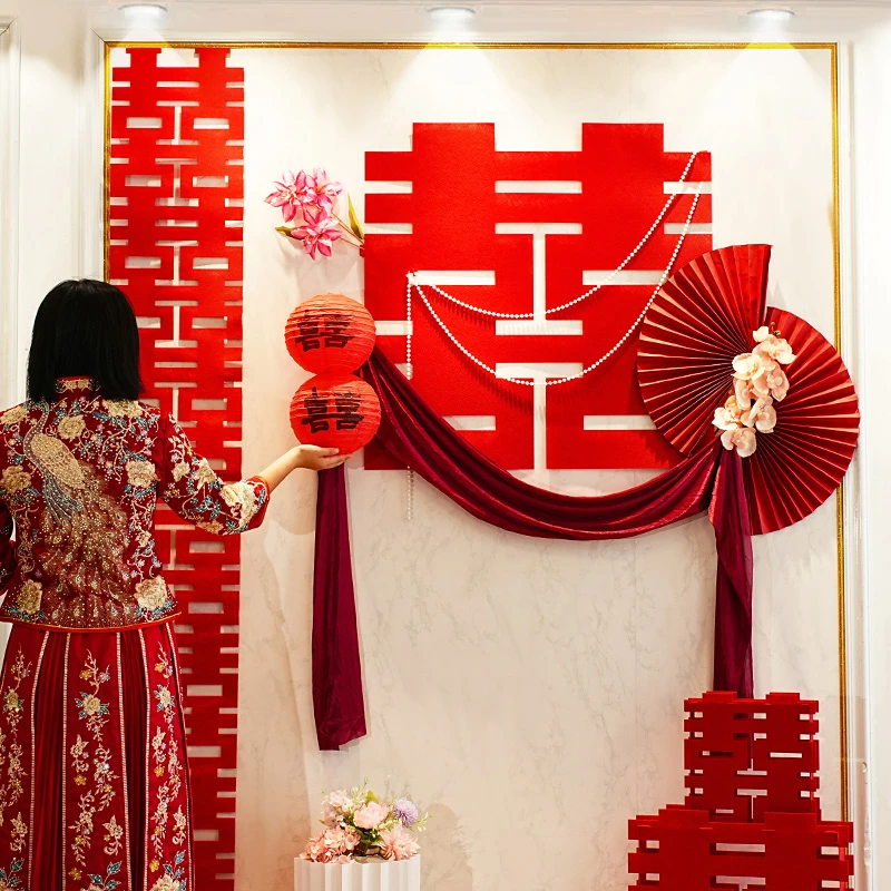 结婚电视背景墙装饰婚房高级感客厅卧室布置套装新房男方女方拉花