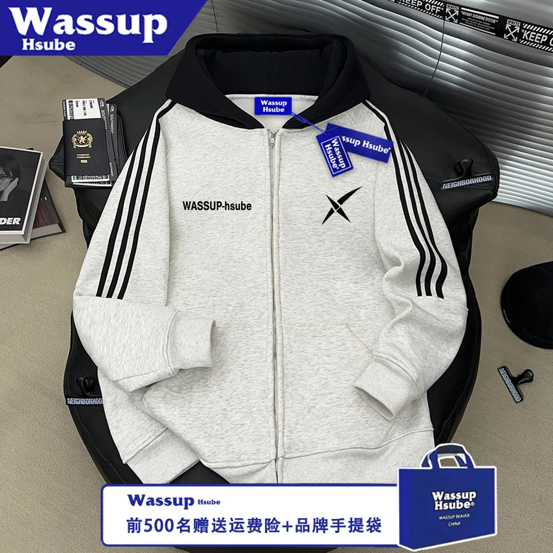 WASSUP HSUBE美式印花上衣长袖简约几何秋冬拉链情侣三条杠宽松