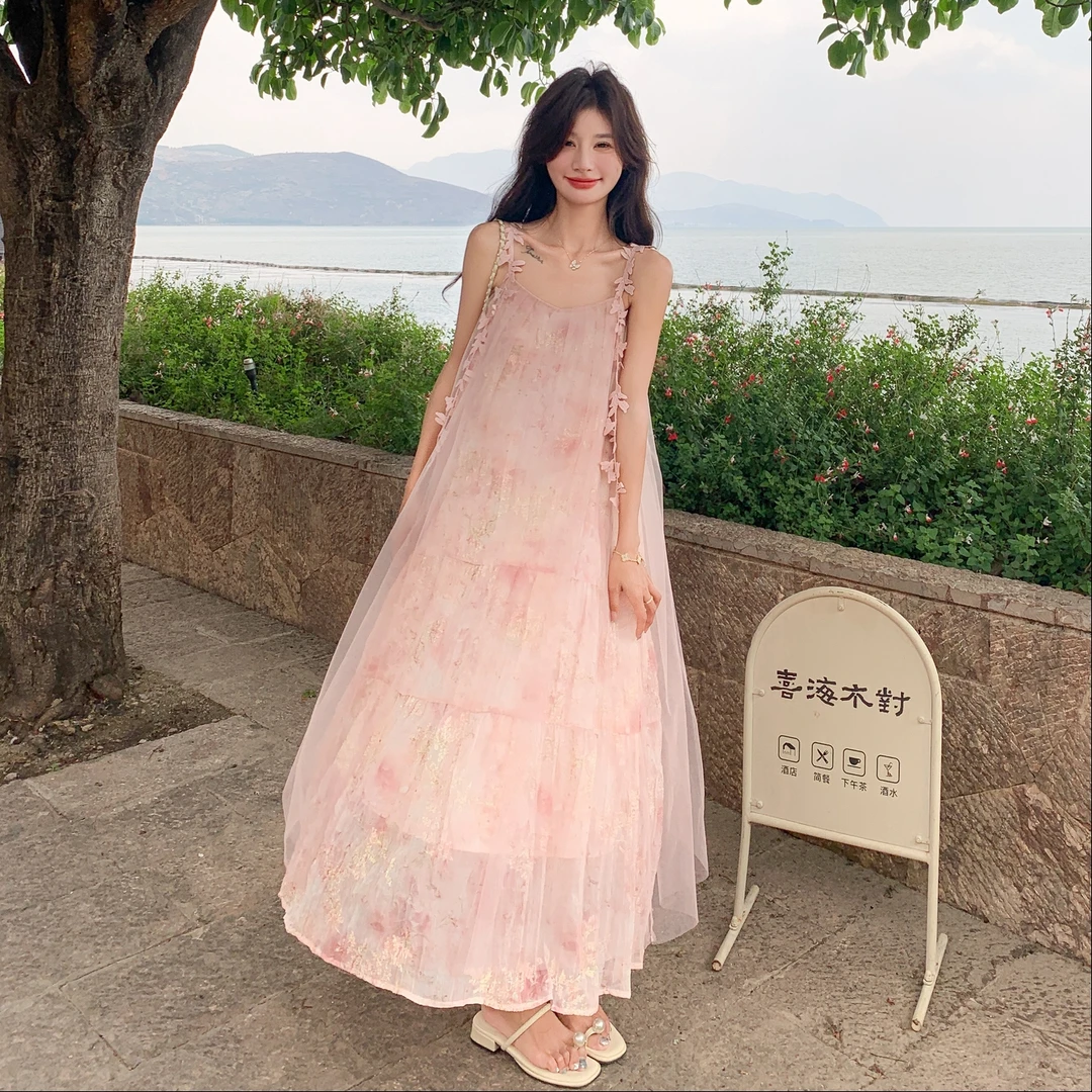 套头甜美吊带镂空花边无袖连衣裙气质仙气欧若智性风显瘦公主夏季