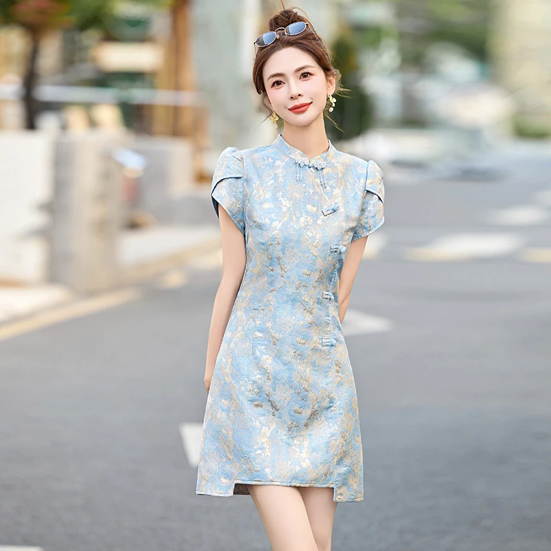 2025夏新款新中式国风提花高级感小个子盘扣改良旗袍修身连衣裙女