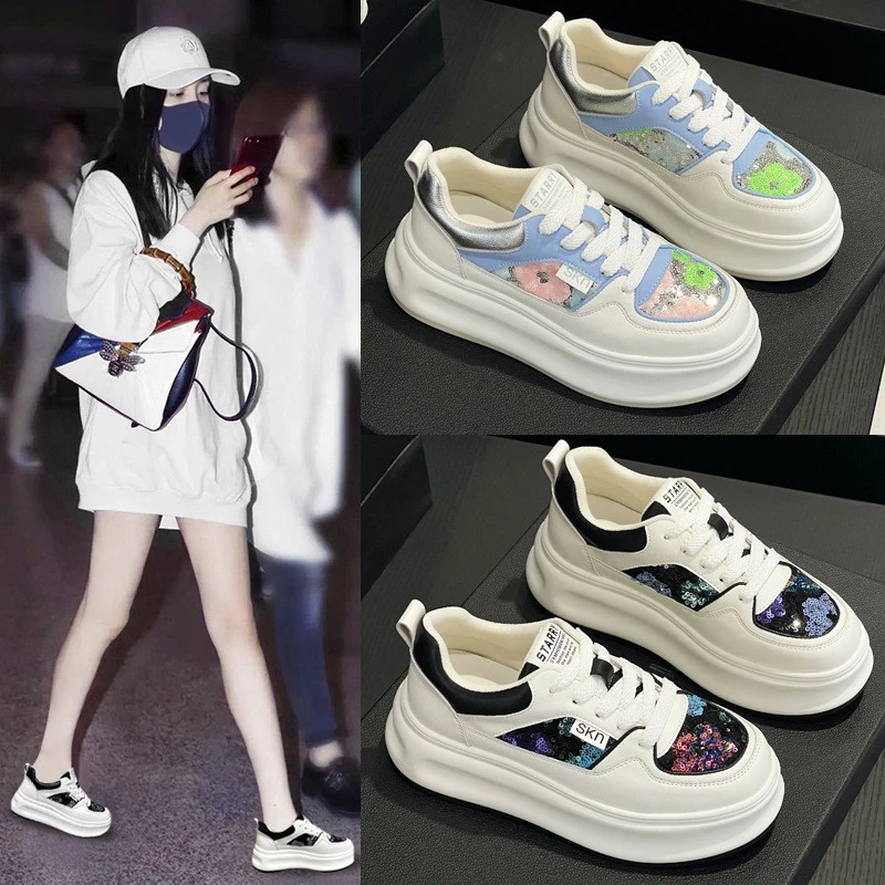 真皮厚底小白鞋女鞋2025夏季新款韩版亮片网面松糕底拼色学生板鞋