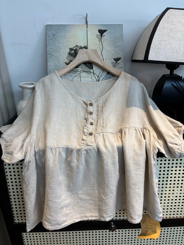 染禧日系复古大码小清新减龄棉麻亚麻宽松衬衫小衫娃娃衫