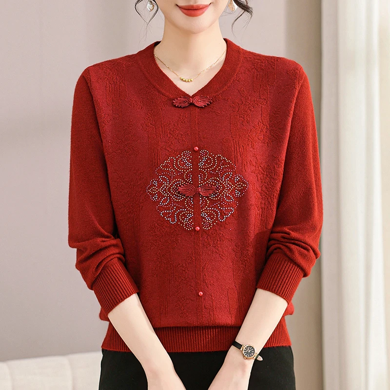 秋冬新中式时尚妈妈针织长袖洋气国风宽松加绒加厚上衣时尚打底