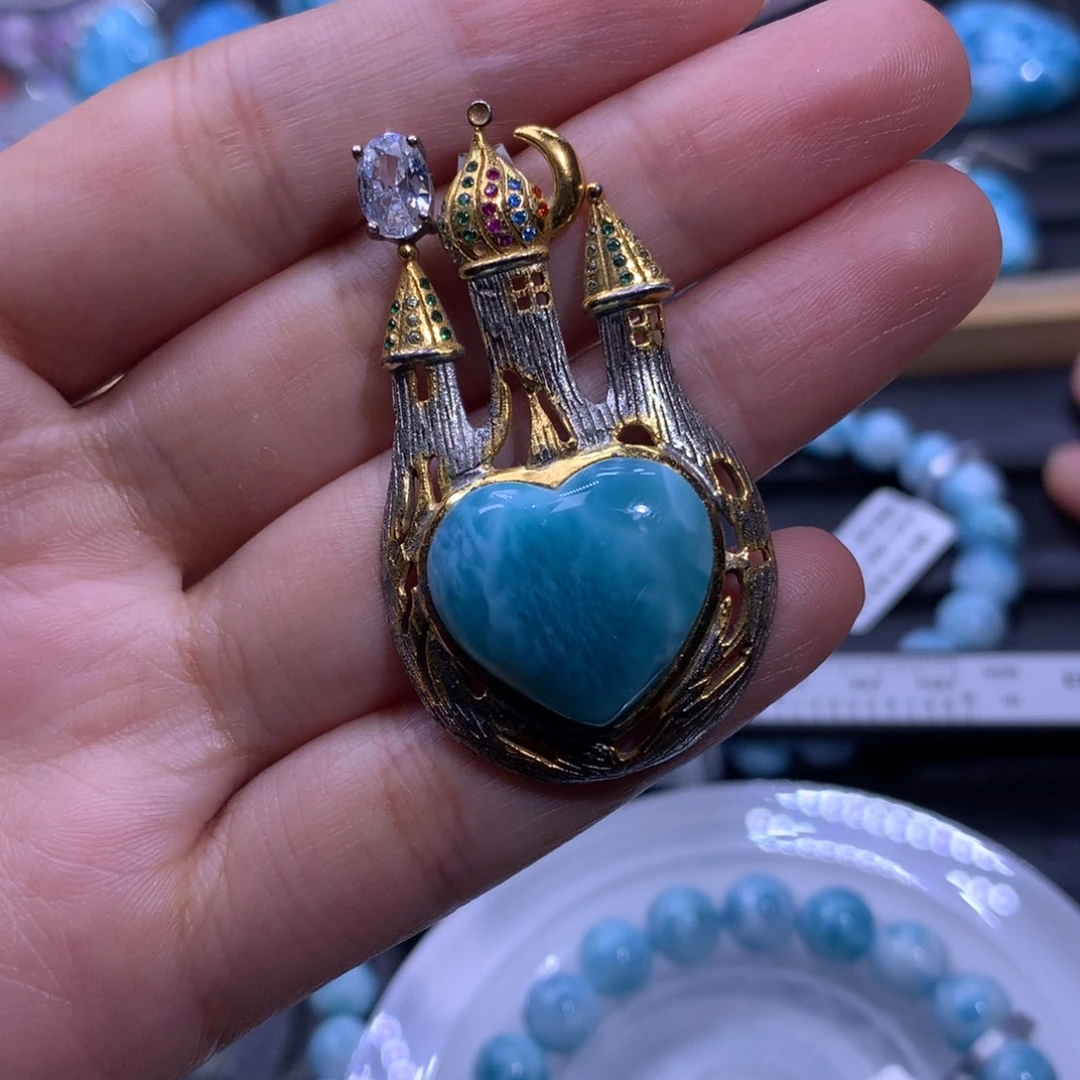 针钠钙石（海纹石）银S925镶嵌吊坠(不含链)爱心城堡吊坠色差略异